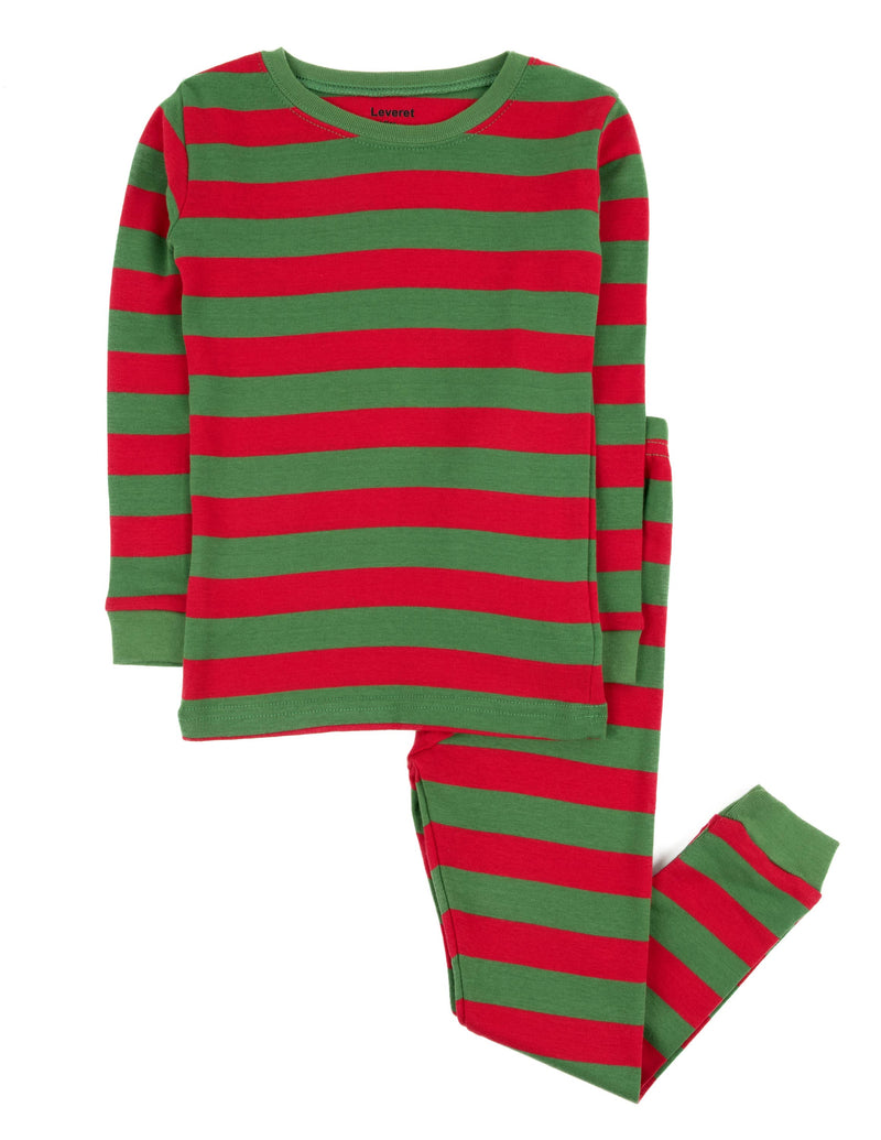 Kids Two Piece Cotton Pajamas Red and  Green Stripes -