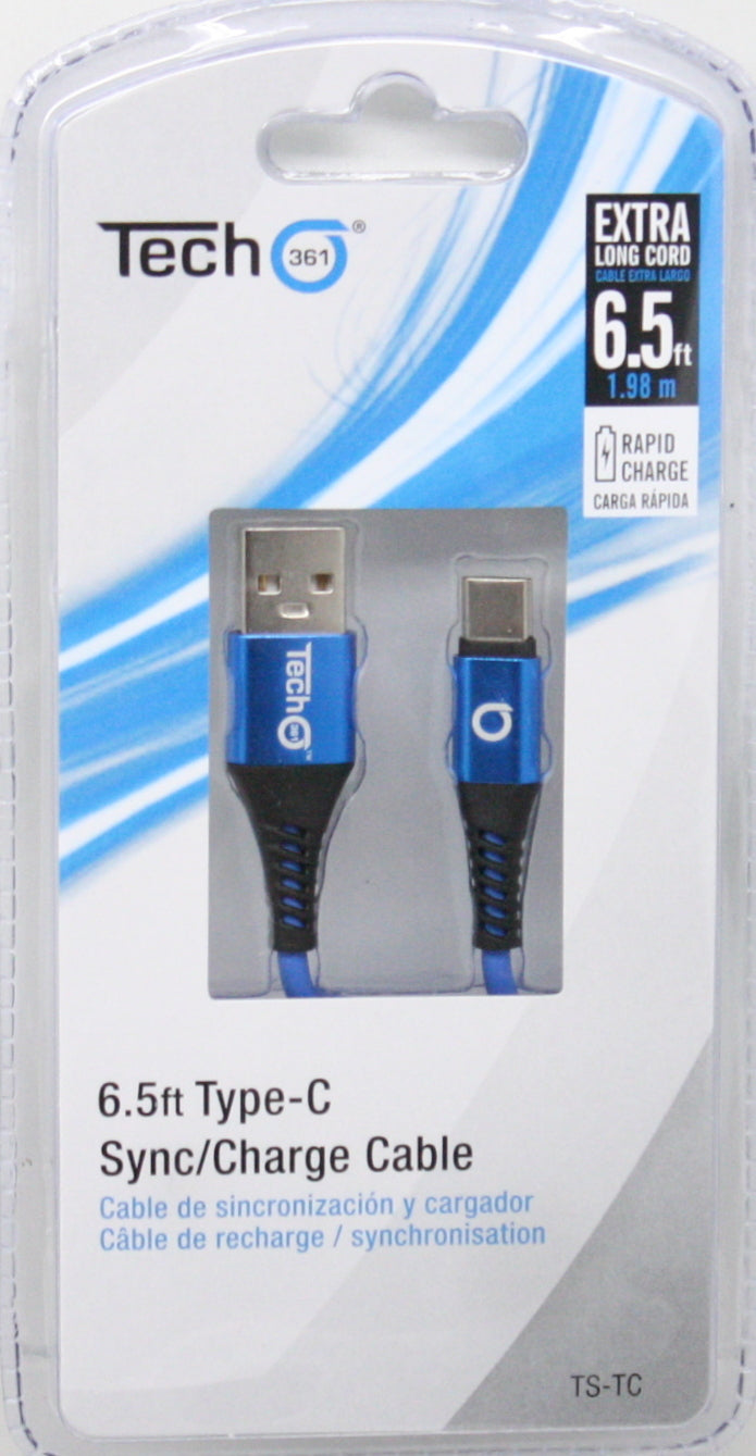 USB type C 6.5 foot Sync/Charge Cable - Blue