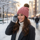 Knit Hat With Three Interchangeable Poms - Rose Pink
