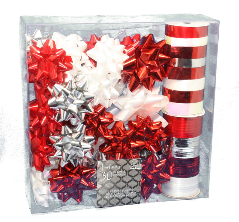Holiday Ribbon And Bow Kit - Red/White/Silver