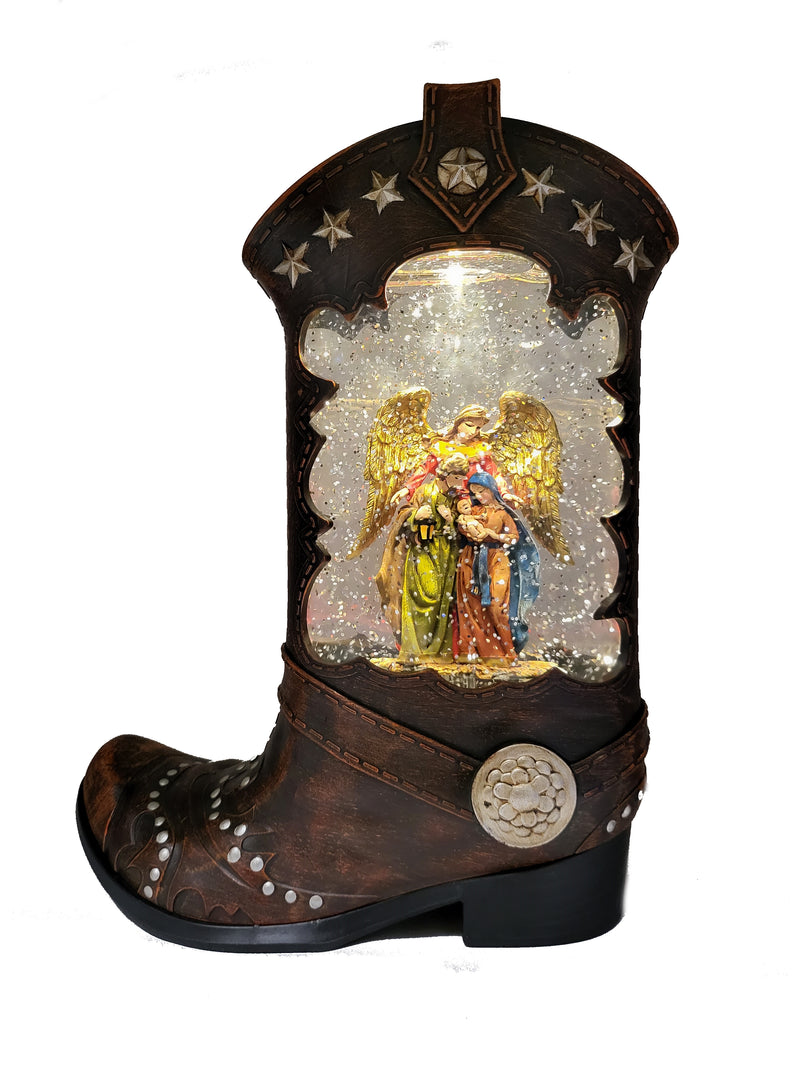 Lighted Spinning Waterglobe Boot with Nativity Figurine - - The Country Christmas Loft