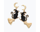 Gold Moons And Glitter Cats on Raffia Brooms Earrings