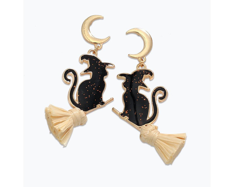 Gold Moons And Glitter Cats on Raffia Brooms Earrings