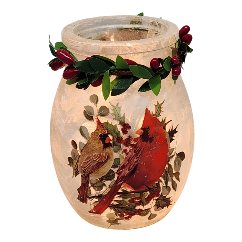 4 inch Lighted Jar with Garland - Two Cardinal Delight