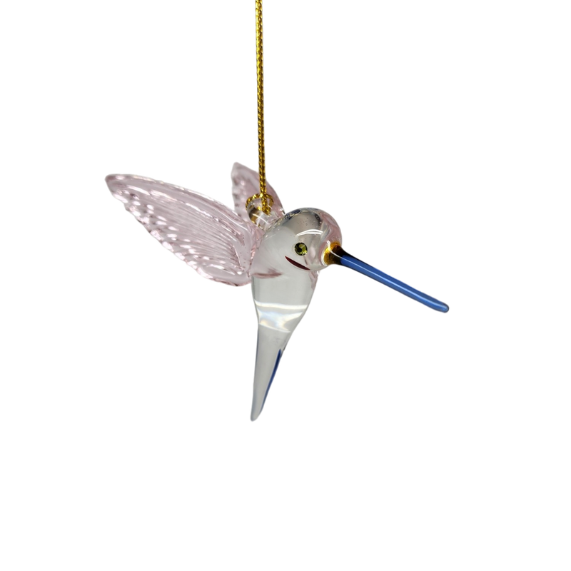 Feeding Hummingbird glass Ornament - Pink Wings / Blue Tail / Blue Beak