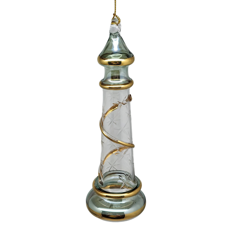 Glass Lighthouse Ornament With Gold Accent - Green