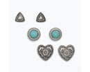 Silver And Turquoise Stud Trio – Intricate Shapes in Coordinated Style - Gift Shoppe >> Jewelry >> Earrings - by Periwinkle B
