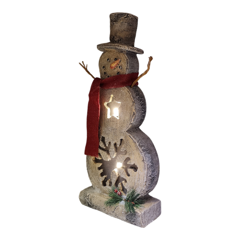 Lighted Log-Style Snowman Figurine - Star