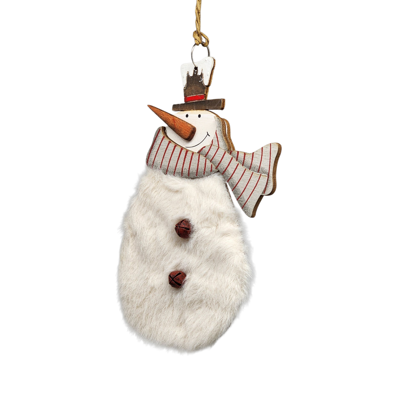 Wood and Fur Snowman Ornament - Grey Scarf and Bowler Hat