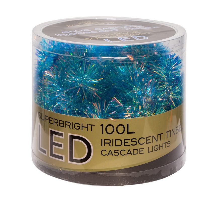100-Light Blue Iridescent Tinsel With Blue Superbright LED Cascade Light