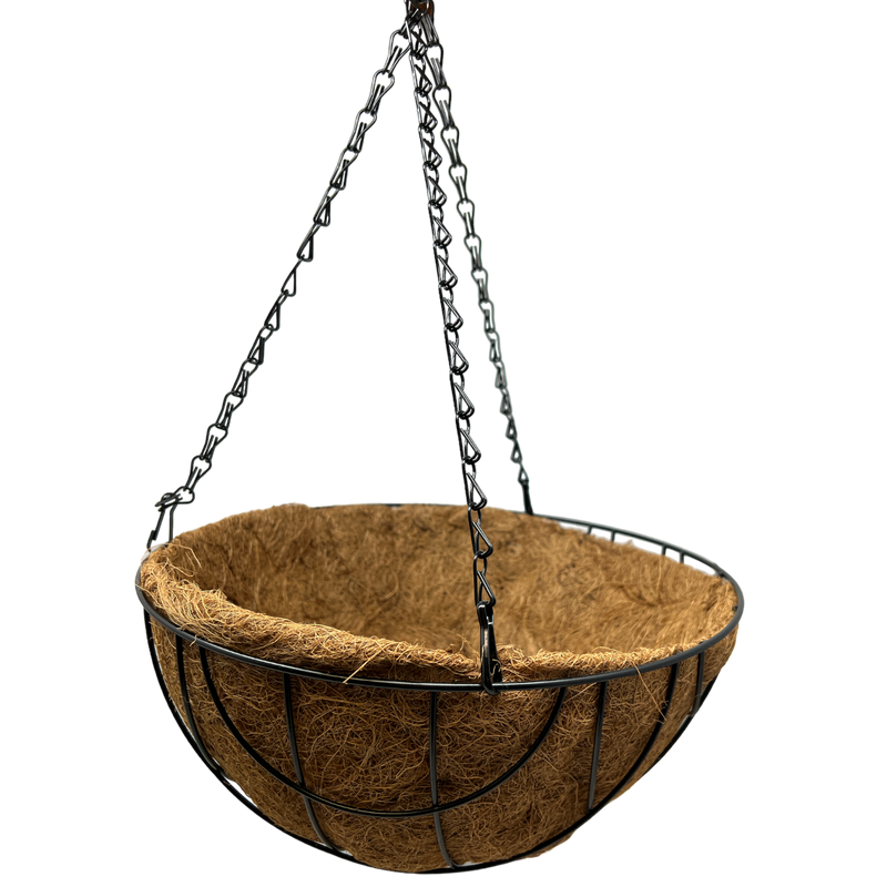 12-Inch Diameter Black Metal Wire Hanging Basket with Coco Mat Liner