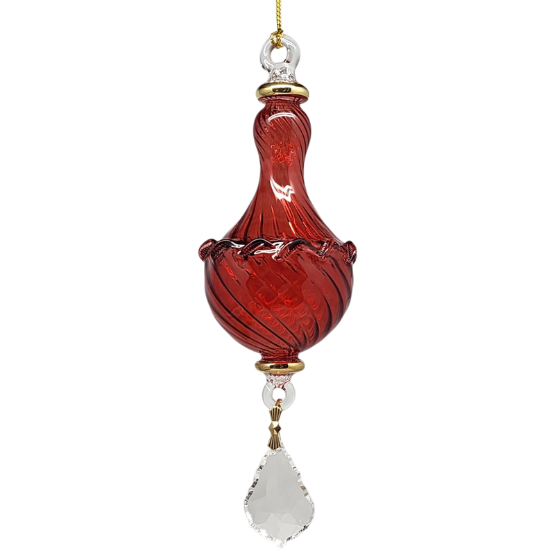 Blown Glass Twisted Chandelier Ornament with Crystal Dangle - Red