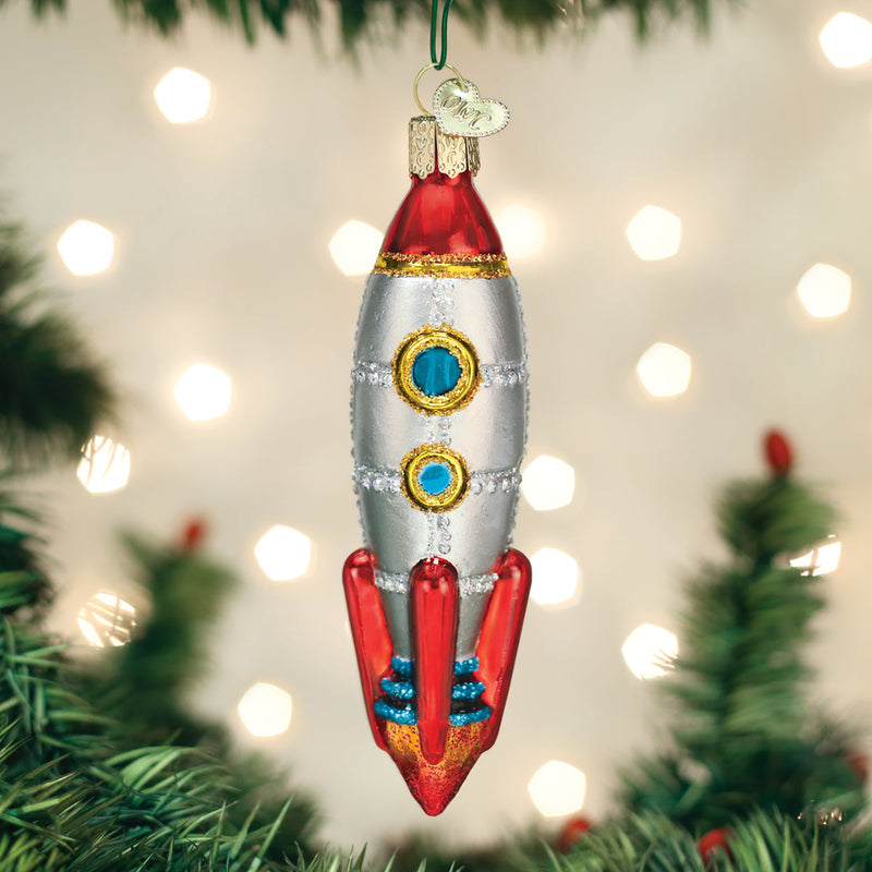 Toy Rocket Ship Glass Ornament - The Country Christmas Loft