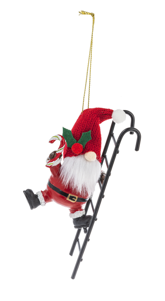 Santa Gnome on Ladder Ornament/Pot Percher - Candy Cane - The Country Christmas Loft