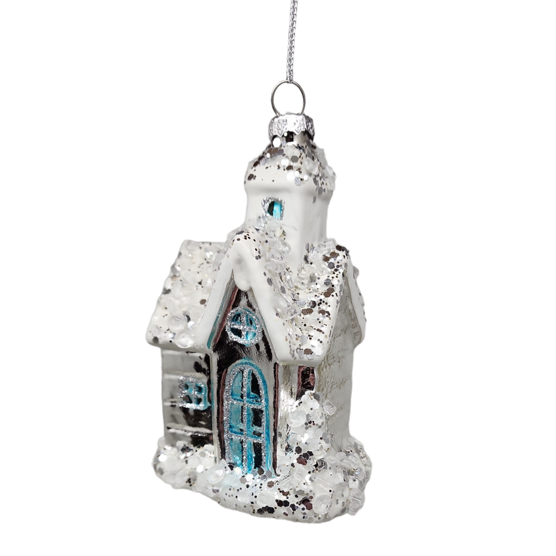 Glass Snowy Church Ornament -