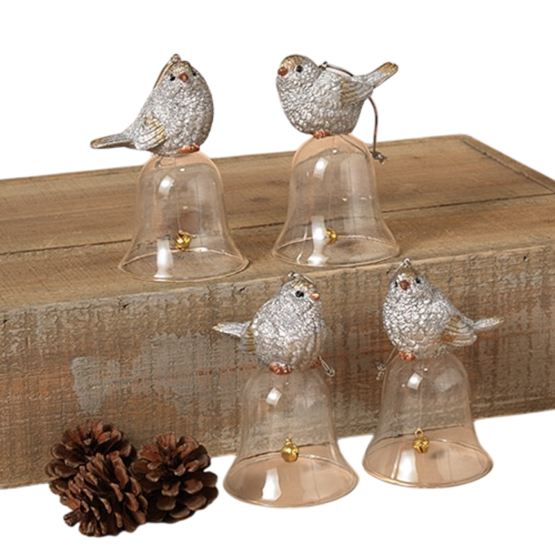 Holiday Bird On Top Of Glass Bell - Ornament
