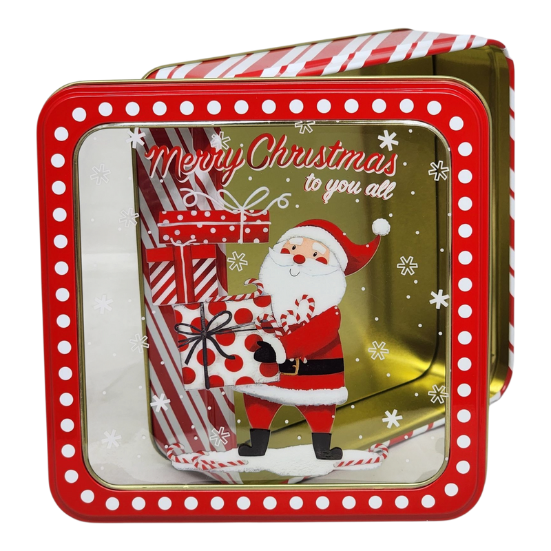 Square Cookie Tin with Window - Merry Christmas Santa with Gifts