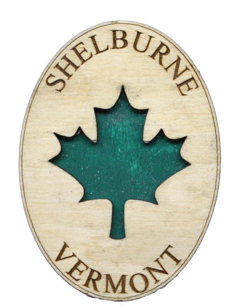Shelburne Vermont Oval Green Leaf Wooden Magnet