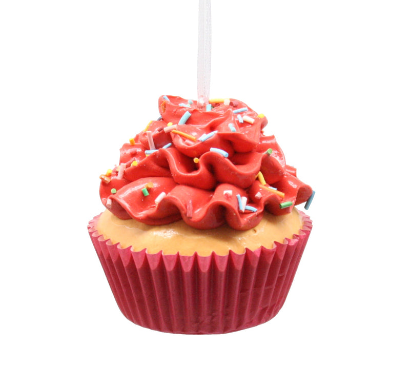 Flower Cupcake Ornaments - Red With Skinny Sprinkles