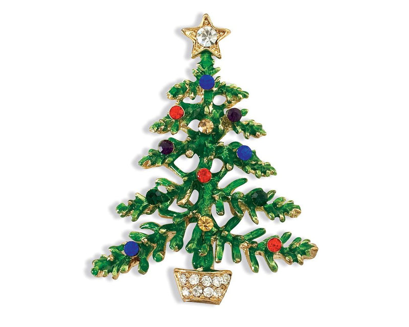 Shimmering Green Enamel Tree with Sparkling Crystals Pin