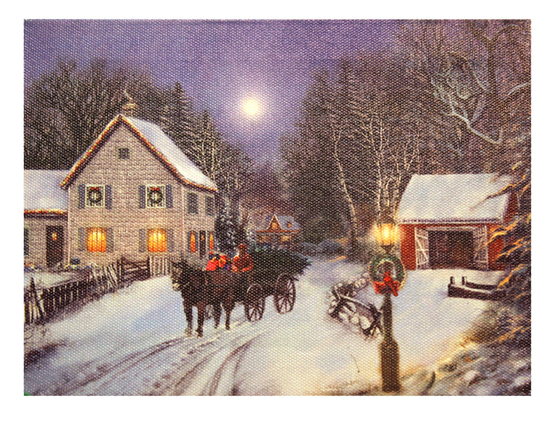 7.8" Lighted Canvas Print - Bringing Home The Tree Horse Drawn Carriage - The Country Christmas Loft