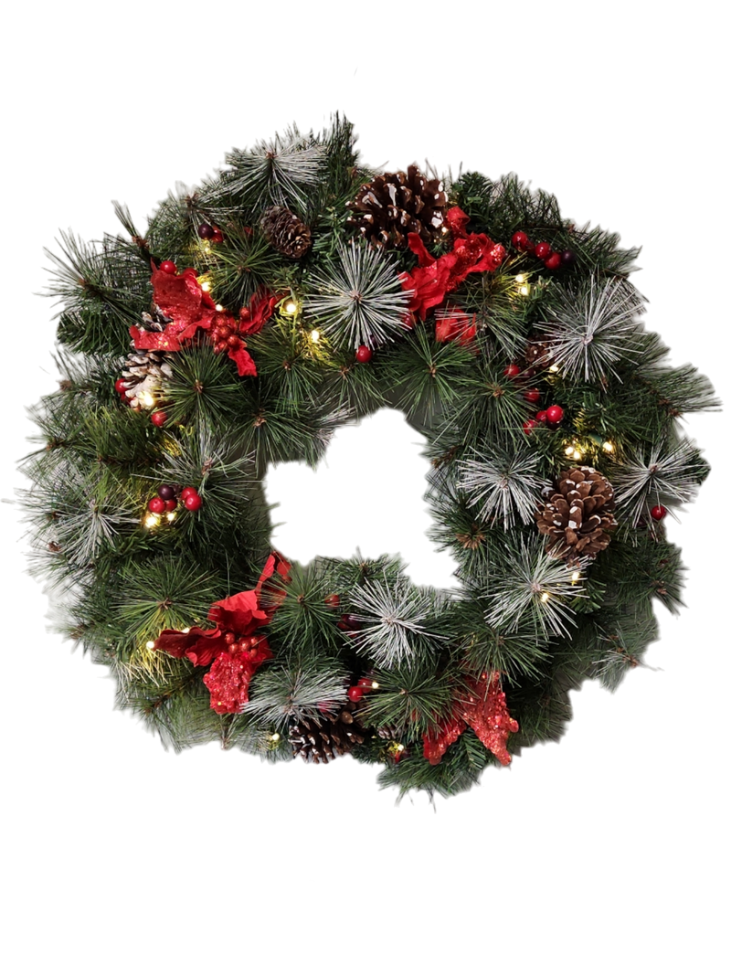 Lighted Poinsettia Wreath - 30 Inch