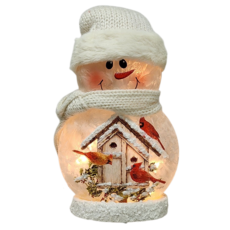 9.5 Inch Lighted Cardinal Glass Snowman - Bird House