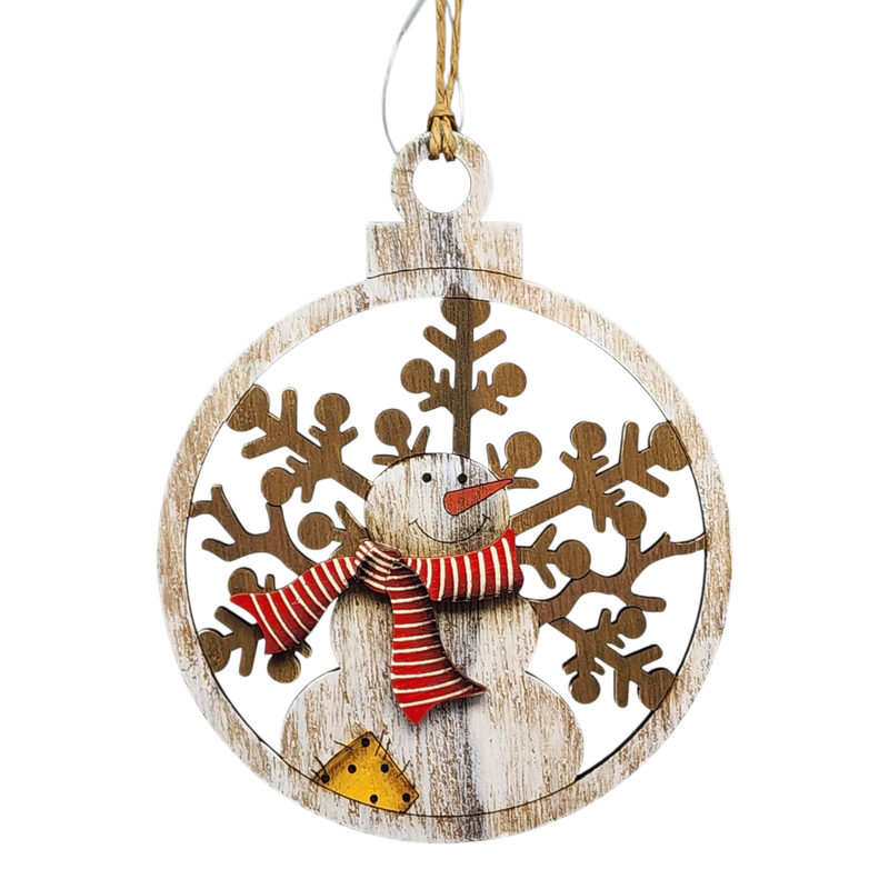 Wooden Ornament - Red Pinstripe Scarf Snowman Ornament