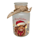 Lighted Frosted Glass Highland Cow Luminary – "Merry Christmas"