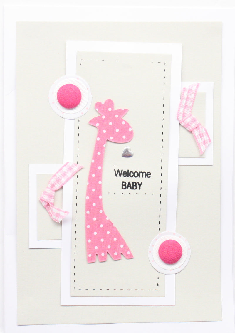 Handmade Embellished Welcome Baby Card - Pink Giraffe