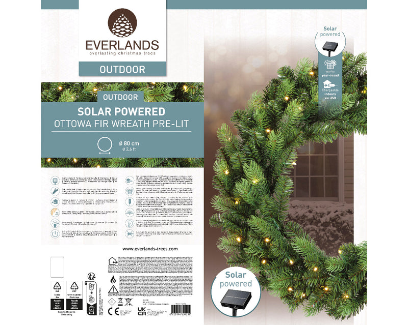 Ottawa Fir Solar-Powered Pre-Lit Wreath - 32 Inches