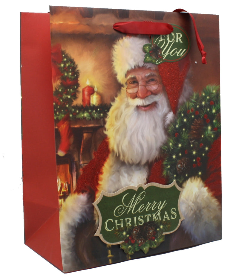 Traditional Large Handmade Gift Bags - Glittered Santa - The Country Christmas Loft