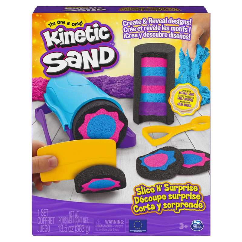 Kinetic Sand, Slice N` Surprise Set with 13.5oz of Black, Pink and Blue Play Sand and 7 Tools - The Country Christmas Loft