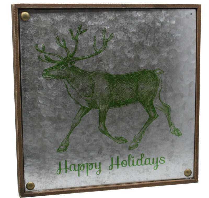 Wooden Framed Galvanized Reindeer Decor Happy Holidays - Green