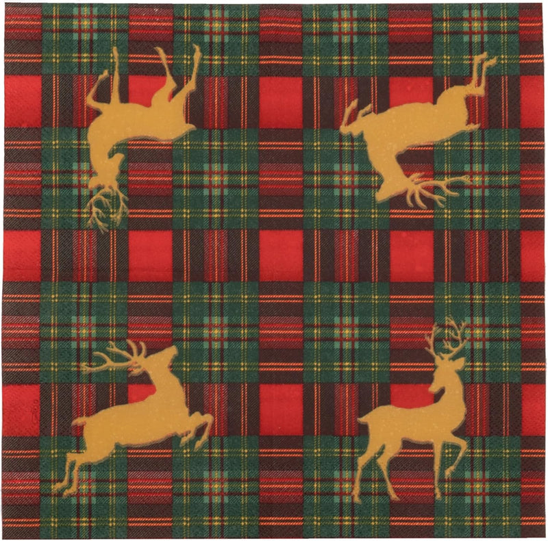 Reindeer Tartan Red Cocktail Napkin