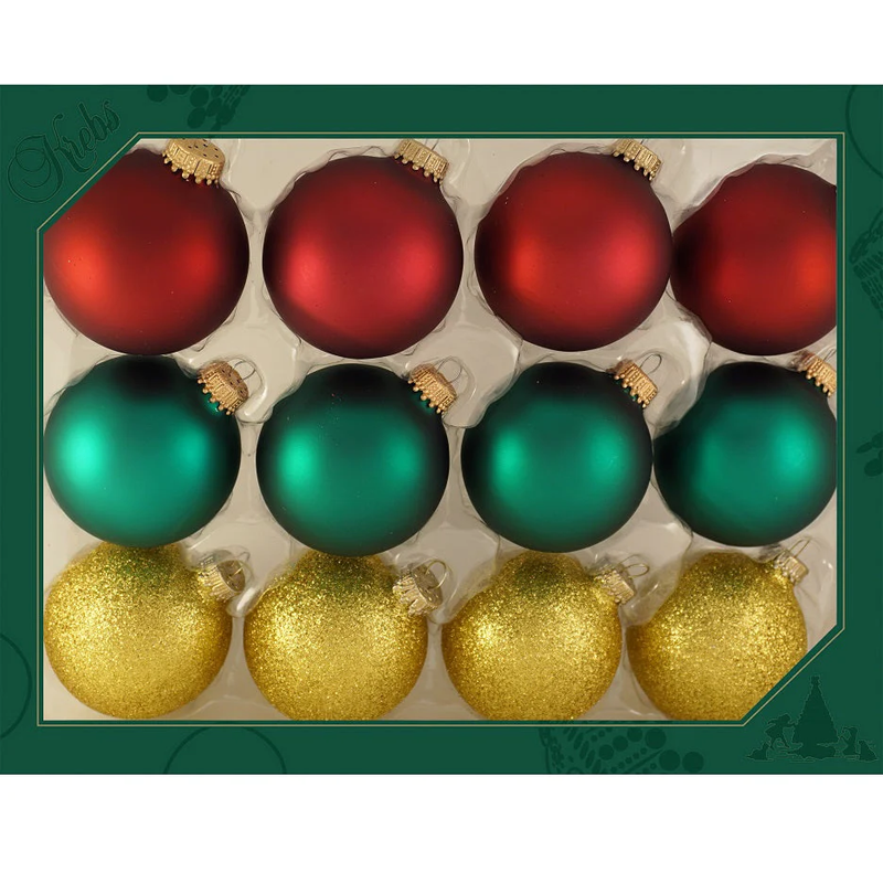 Christmas By Krebs 2 5/8 Glass Balls - Gold Caps - Red/Green/Gold 12 Pack