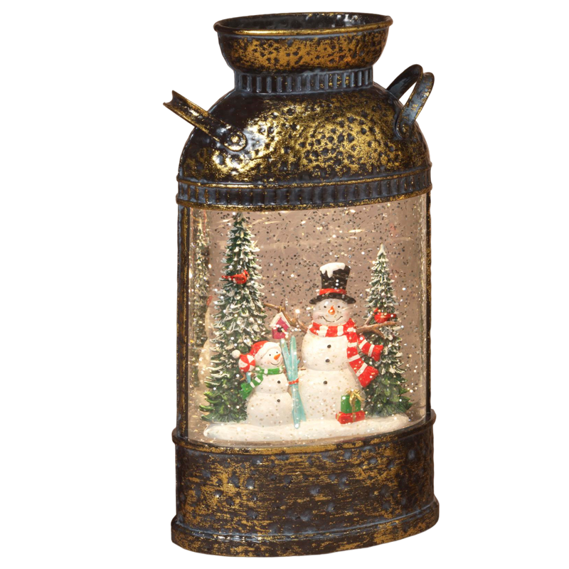 Lighted Spinning Water Globe Milk Can - Snowman