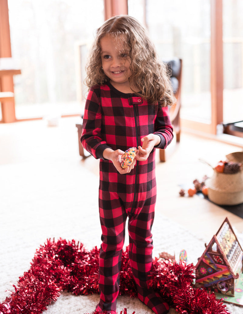 Kids Footed Cotton Pajama Black And  Red Plaid - - The Country Christmas Loft
