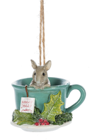 Holiday Mouse With Teacup Ornament - Holly Jolly