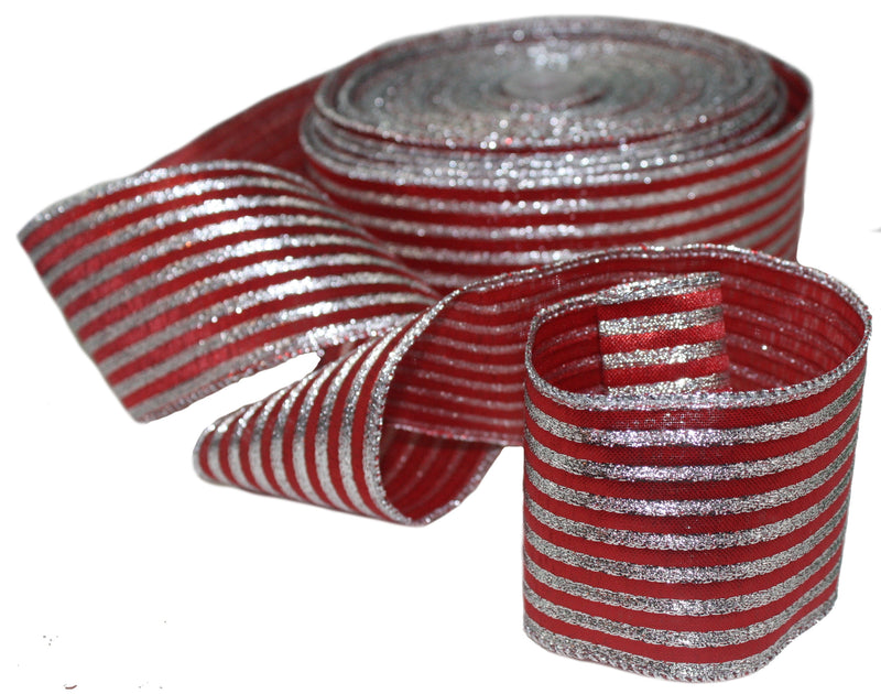 Luxury Red with Silver Stripe Ribbon - By The Yard - The Country Christmas Loft