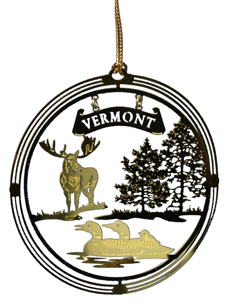 Solid Brass Ornament - Vermont Moose And Loons