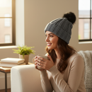 Knit Hat With Three Interchangeable Poms - Grey