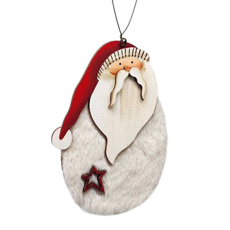 Fuzzy Wooden Santa Ornament - 5 Inches