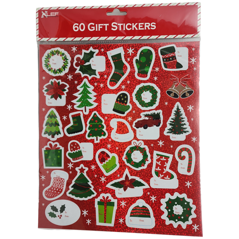 60 Count Peel and Stick Gift Tags -  Wreath / Holly / Stocking