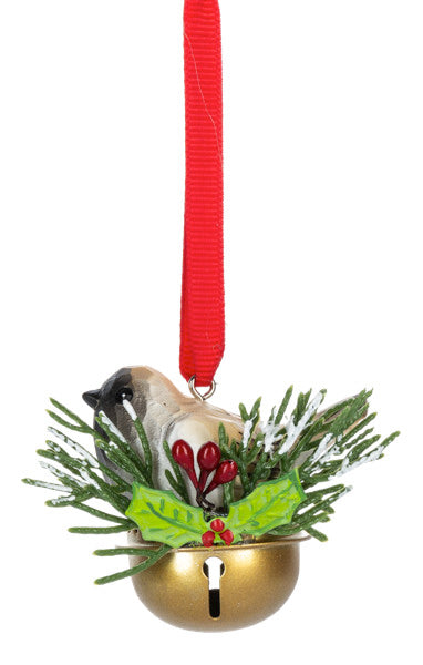 Chickadee in Holly Bell ornament