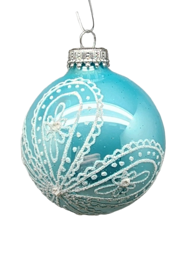 Krebs Value Glass Ball 4 pack - Lace Floral on Turquoise