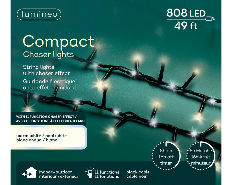 Compact Micro Garland String Lights - 808 LED - Warm/Cool White - Black Wire