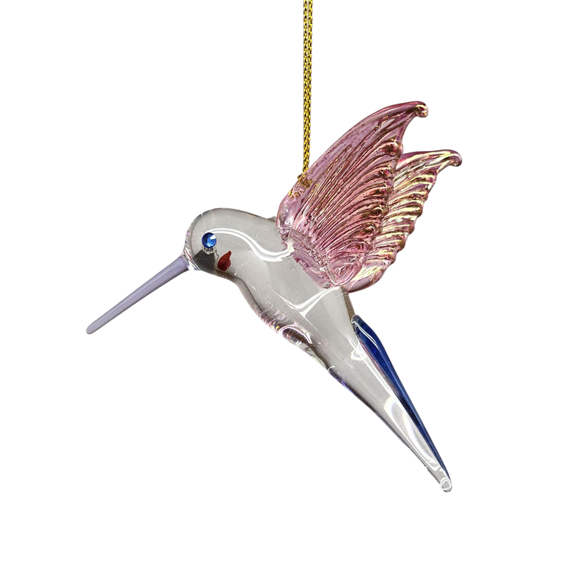 Feeding Hummingbird glass Ornament - Pink Wings / Blue Tail / Blue Beak
