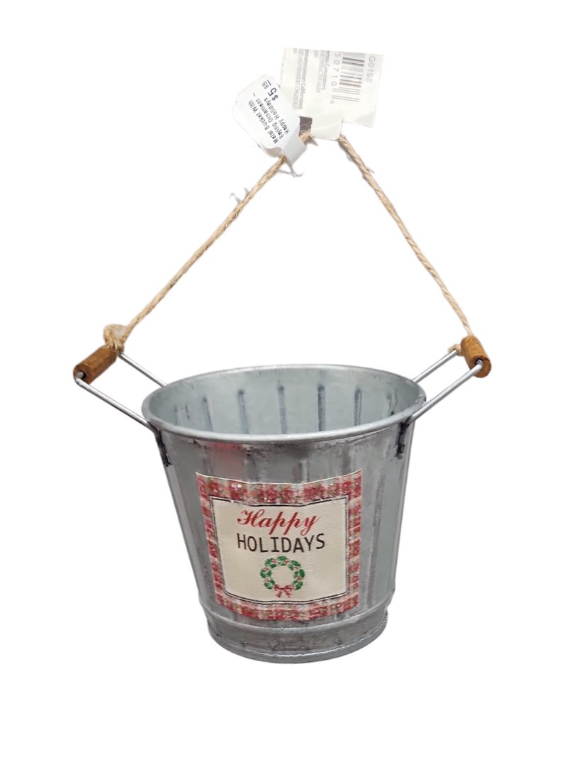 Metal Bucket With Saying Ornament - Happy Holidays