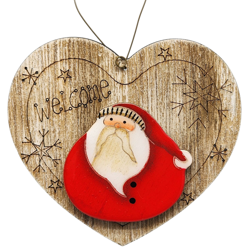 Welcome Santa Heart Wooden Ornament